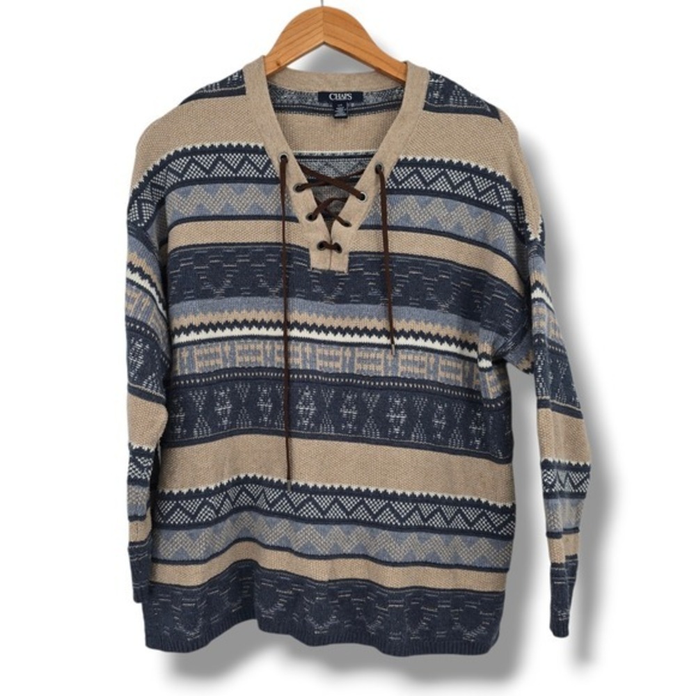 Chaps Womens Lace Up V Neck Sweater Blue Tan Geometric Fair Isle Cotton Blend L